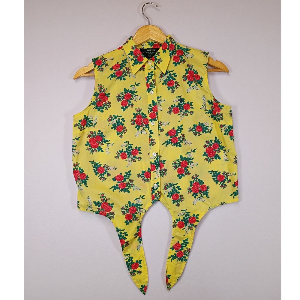 Cottagecore Lauren Ralph Lauren Petite PS Yellow Floral Rose Tie Front Blouse